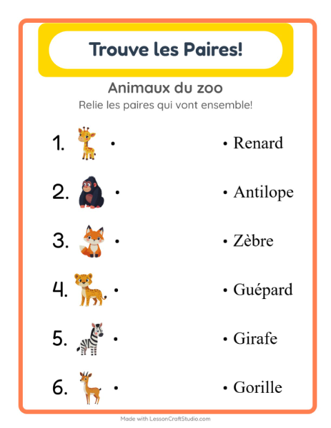 Aperçu de la fiche Appariement avec Animaux du zoo pour École maternelle (grande section, 5-7 ans)