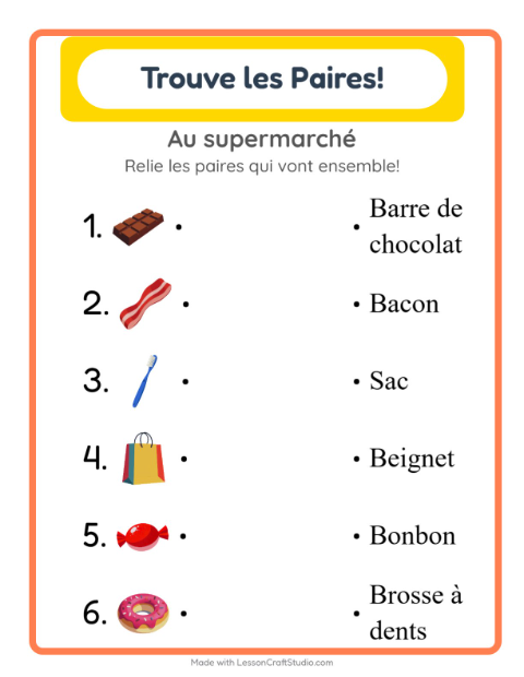 Aperçu de la fiche Appariement avec Au supermarché pour École maternelle (grande section, 5-7 ans)