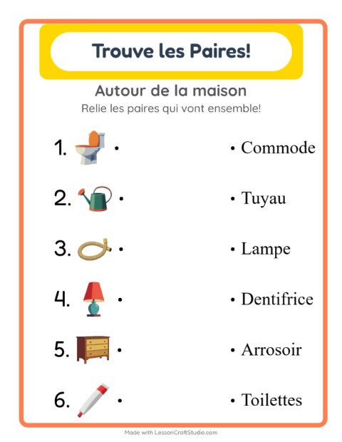 Aperçu de la fiche Appariement avec Autour de la maison pour École maternelle (grande section, 5-7 ans)