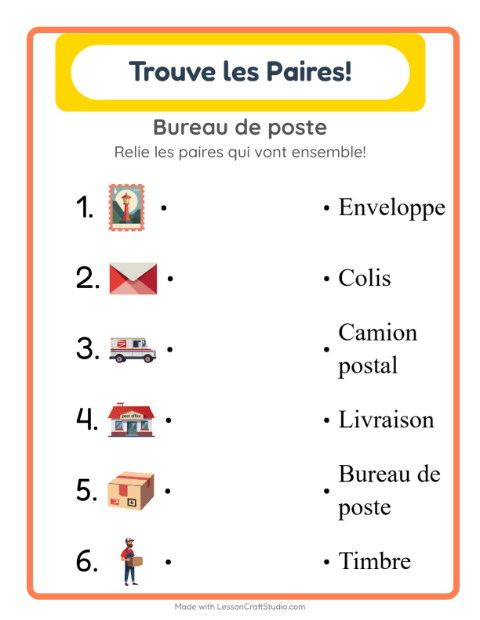 Aperçu de la fiche Appariement avec Bureau de poste pour École maternelle (grande section, 5-7 ans)