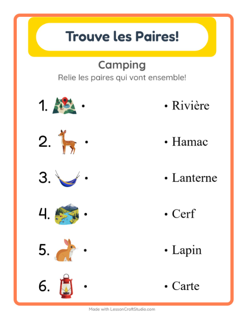 Aperçu de la fiche Appariement avec Camping pour École maternelle (grande section, 5-7 ans)