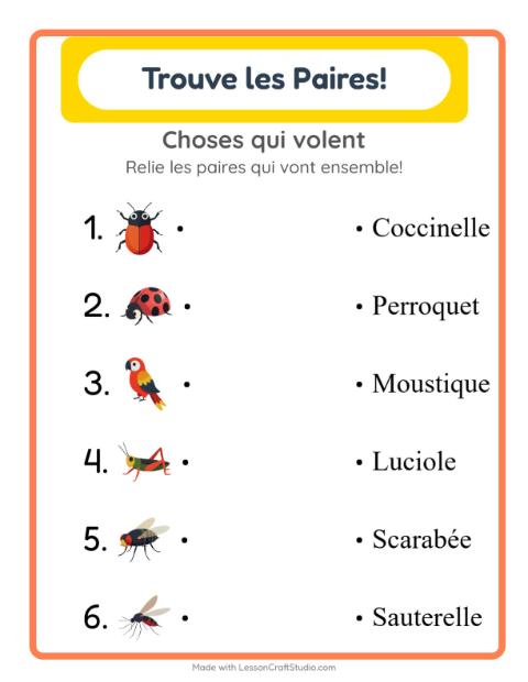 Aperçu de la fiche Appariement avec Choses qui volent pour École maternelle (grande section, 5-7 ans)
