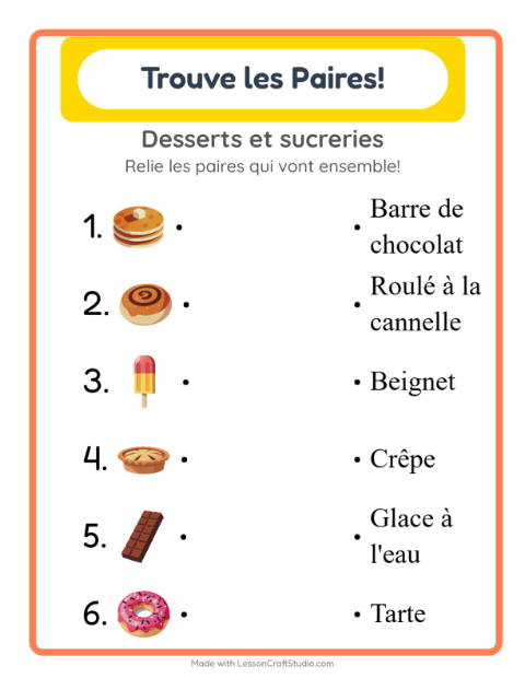 Aperçu de la fiche Appariement avec Desserts et sucreries pour École maternelle (grande section, 5-7 ans)