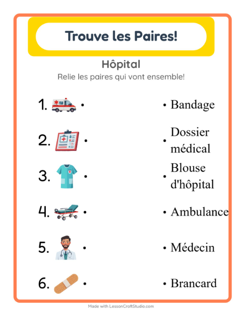 Aperçu de la fiche Appariement avec Hôpital pour École maternelle (grande section, 5-7 ans)