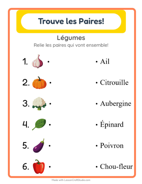 Aperçu de la fiche Appariement avec Légumes pour École maternelle (grande section, 5-7 ans)