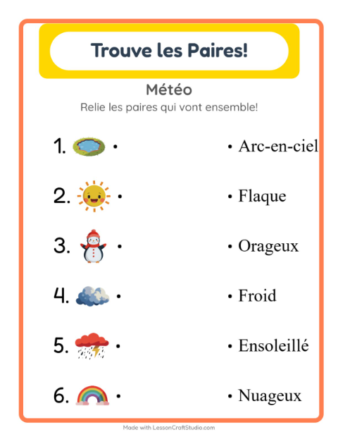 Aperçu de la fiche Appariement avec Météo pour École maternelle (grande section, 5-7 ans)