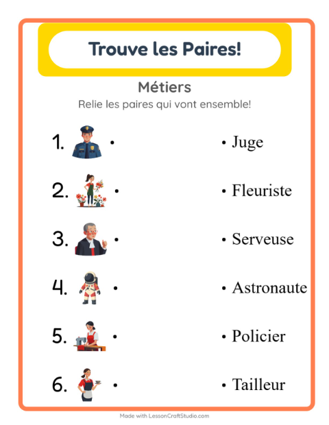 Aperçu de la fiche Appariement avec Métiers pour École maternelle (grande section, 5-7 ans)