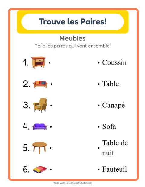 Aperçu de la fiche Appariement avec Meubles pour École maternelle (grande section, 5-7 ans)