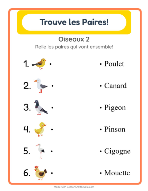 Aperçu de la fiche Appariement avec Oiseaux 2 pour École maternelle (grande section, 5-7 ans)