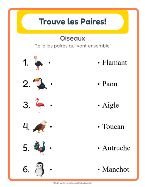Aperçu de la fiche Appariement avec Oiseaux pour École maternelle (grande section, 5-7 ans)
