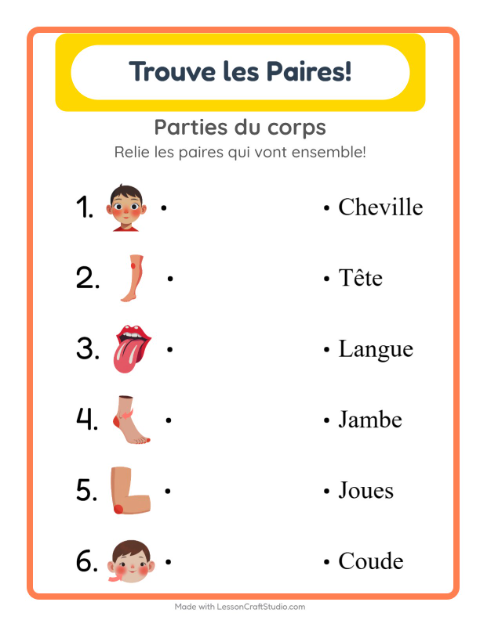Aperçu de la fiche Appariement avec Parties du corps pour École maternelle (grande section, 5-7 ans)