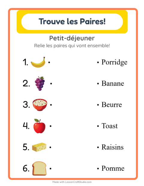 Aperçu de la fiche Appariement avec Petit-déjeuner pour École maternelle (grande section, 5-7 ans)