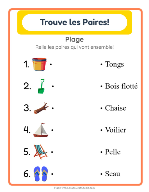 Aperçu de la fiche Appariement avec Plage pour École maternelle (grande section, 5-7 ans)