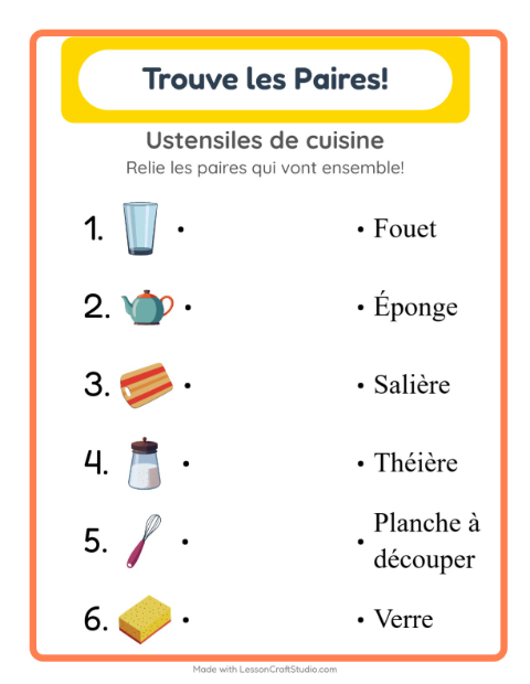 Aperçu de la fiche Appariement avec Ustensiles de cuisine pour École maternelle (grande section, 5-7 ans)