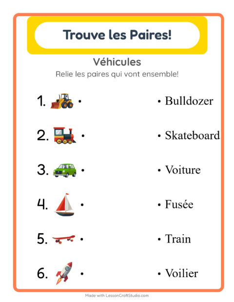 Aperçu de la fiche Appariement avec Véhicules pour École maternelle (grande section, 5-7 ans)