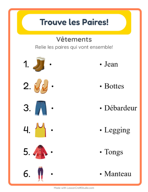 Aperçu de la fiche Appariement avec Vêtements pour École maternelle (grande section, 5-7 ans)