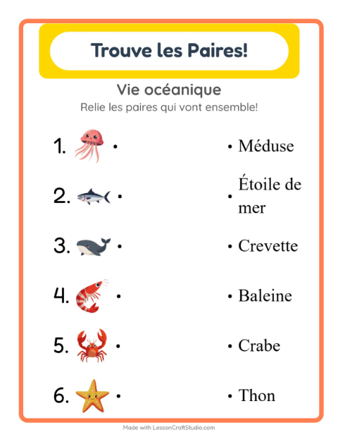 Aperçu de la fiche Appariement avec Vie océanique pour École maternelle (grande section, 5-7 ans)