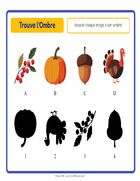 Aperçu de la fiche Apparier Les Ombres avec Action de grâce pour École maternelle (grande section, 5-7 ans)