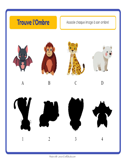 Aperçu de la fiche Apparier Les Ombres avec Animaux du zoo pour École maternelle (grande section, 5-7 ans)