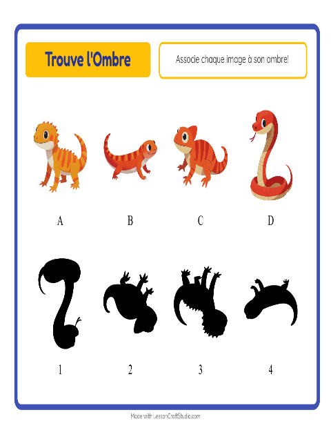 Aperçu de la fiche Apparier Les Ombres avec Reptiles et amphibiens pour École maternelle (grande section, 5-7 ans)