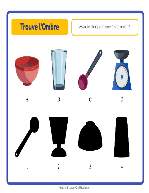 Aperçu de la fiche Apparier Les Ombres avec Ustensiles de cuisine pour École maternelle (grande section, 5-7 ans)