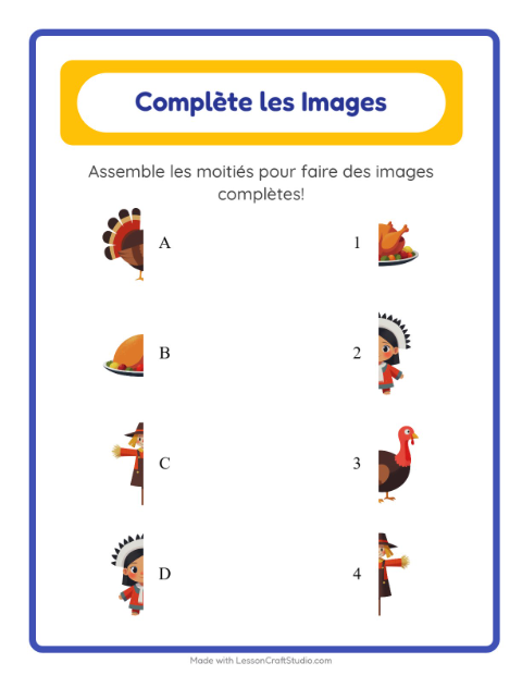 Aperçu de la fiche Apparier Les Ombres avec Action de grâce pour École maternelle (grande section, 5-7 ans)