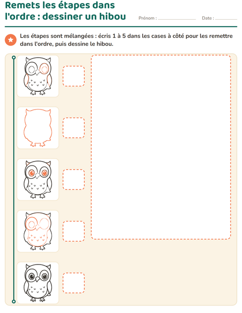 Aperçu : Remets les étapes dans l'ordre : dessiner un hibou