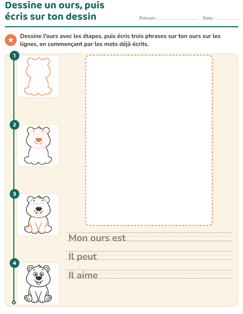 Aperçu : Dessine un ours, puis écris sur ton dessin