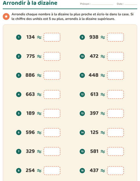 Aperçu de la fiche Arrondir à la dizaine pour CE1 (cours élémentaire 1)