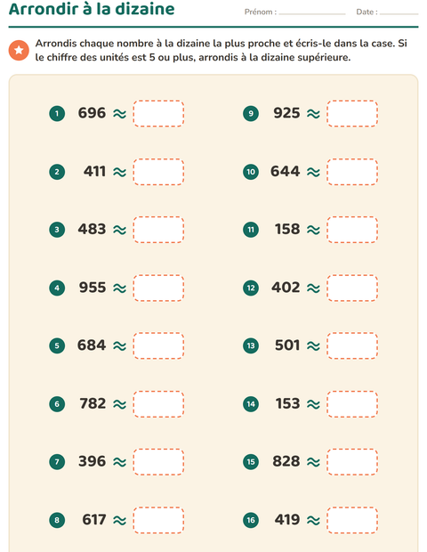 Aperçu de la fiche Arrondir à la dizaine pour CE1 (cours élémentaire 1)