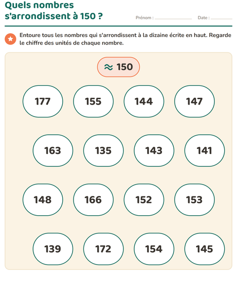 Aperçu de la fiche Arrondir à la dizaine pour CE2 (cours élémentaire 2)