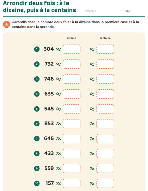 Aperçu de la fiche Arrondir à la dizaine pour CE2 (cours élémentaire 2)