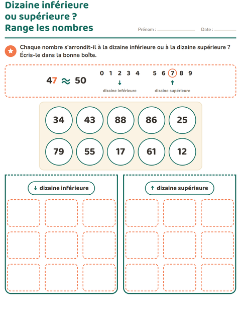 Aperçu de la fiche Arrondir à la dizaine pour CE2 (cours élémentaire 2)