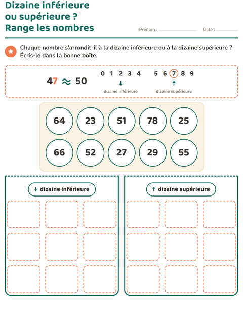 Aperçu de la fiche Arrondir à la dizaine pour CE2 (cours élémentaire 2)