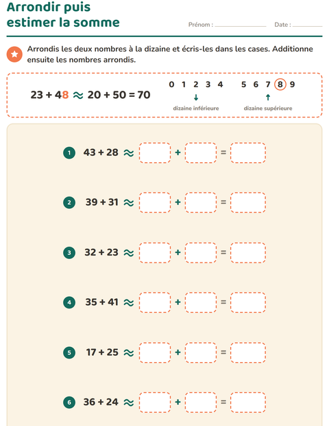 Aperçu de la fiche Arrondir à la dizaine pour CE2 (cours élémentaire 2)