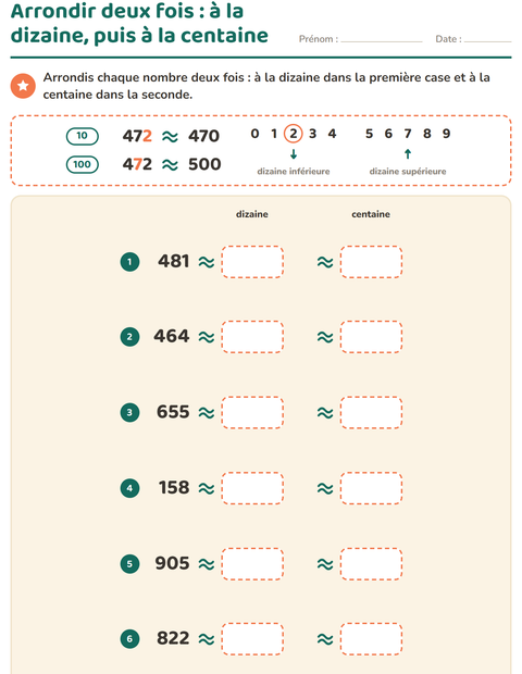 Aperçu de la fiche Arrondir à la dizaine pour CE2 (cours élémentaire 2)