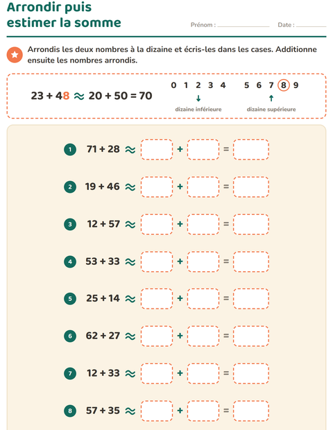 Aperçu de la fiche Arrondir à la dizaine pour CE2 (cours élémentaire 2)