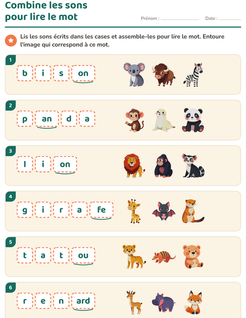 Aperçu de la fiche Boîtes à sons avec Animaux du zoo pour CP (cours préparatoire)