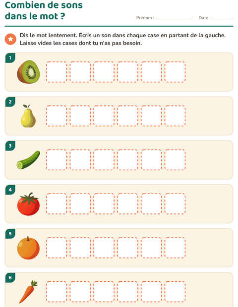 Combien de sons dans le mot ? Six cases pour chaque mot