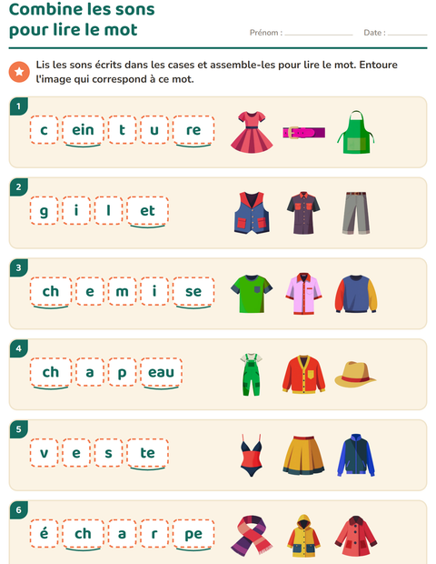 Aperçu de la fiche Boîtes à sons avec Vêtements pour CP (cours préparatoire)