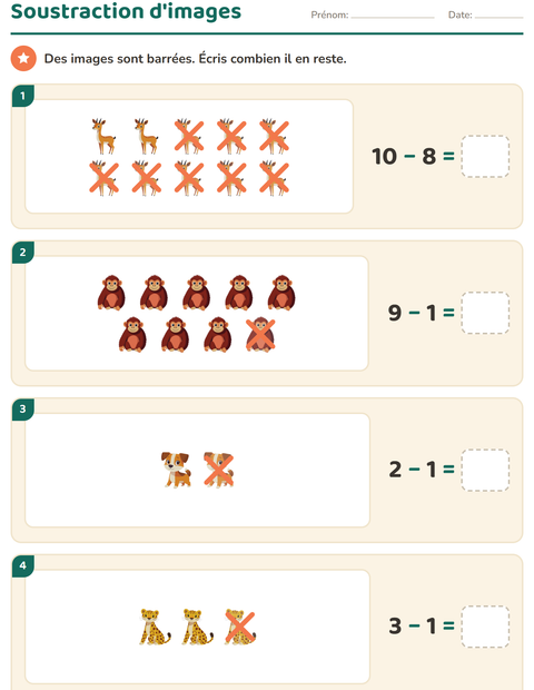 Aperçu de la fiche Calcul illustré avec Animaux pour CP (cours préparatoire)