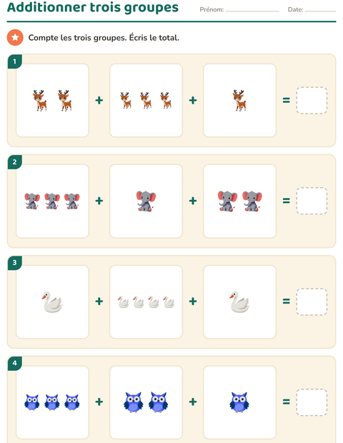 Aperçu de la fiche Calcul illustré avec Animaux pour CP (cours préparatoire)