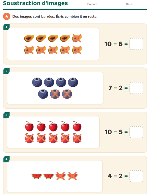 Aperçu de la fiche Calcul illustré avec Fruits pour CP (cours préparatoire)
