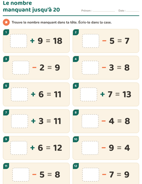 Aperçu de la fiche Calcul mental pour CP (cours préparatoire)