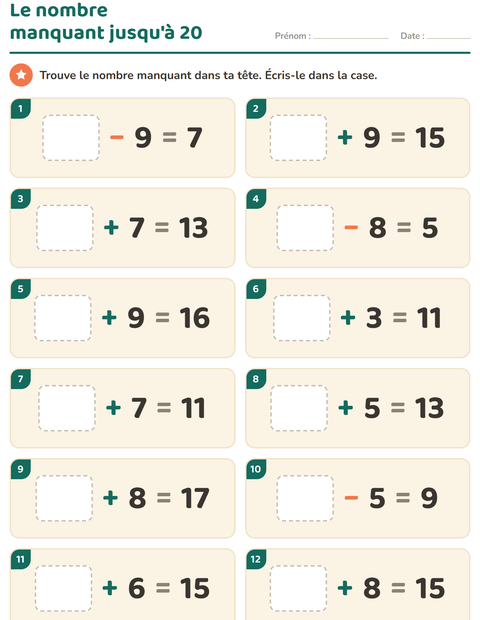 Aperçu de la fiche Calcul mental pour CP (cours préparatoire)