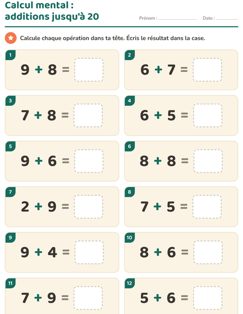 Aperçu de la fiche Calcul mental pour CP (cours préparatoire)