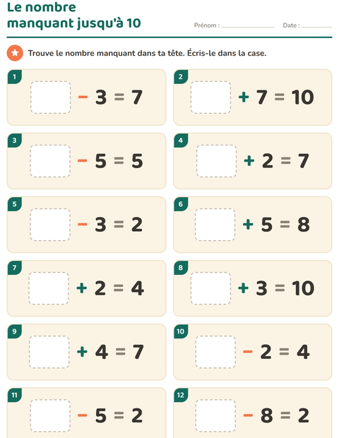 Aperçu de la fiche Calcul mental pour CP (cours préparatoire)