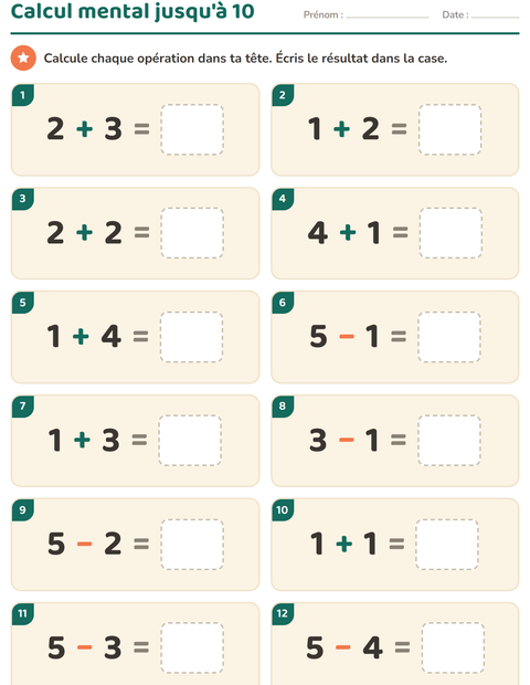 Aperçu de la fiche Calcul mental pour CP (cours préparatoire)