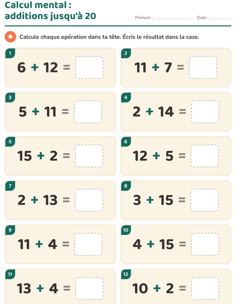 Aperçu de la fiche Calcul mental pour CP (cours préparatoire)