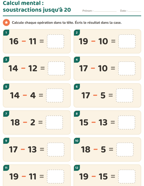 Aperçu de la fiche Calcul mental pour CP (cours préparatoire)